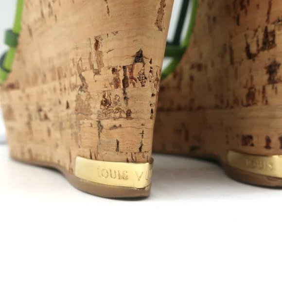 Louis Vuitton Summertime Cork Wedge Sandals Green Patent Leather Size 37.5 - Picture 8 of 12